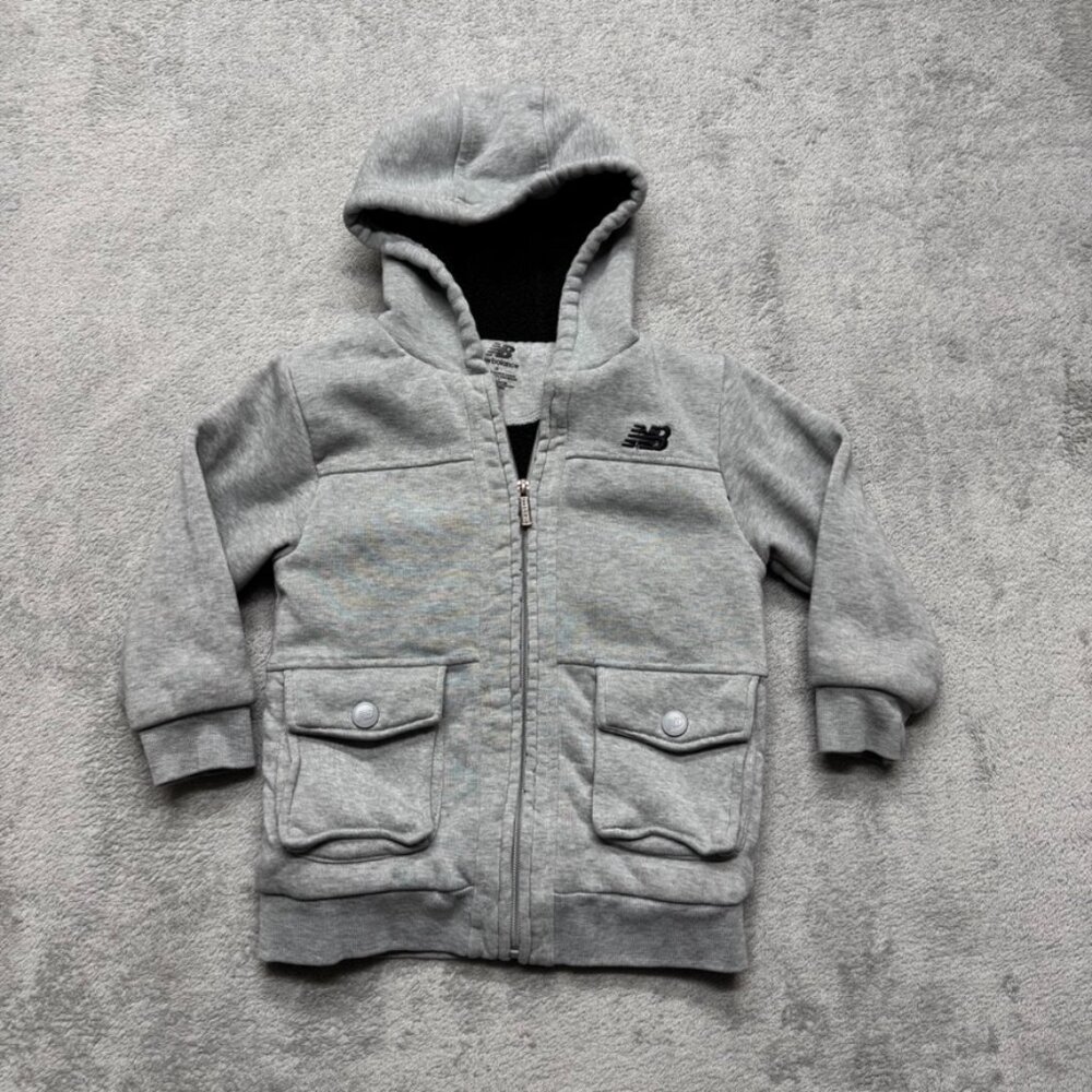 New Balance Full Zip Fleeced Lined‎ Hoodie Jacket Boys Size 4 Gray Pocket Flap